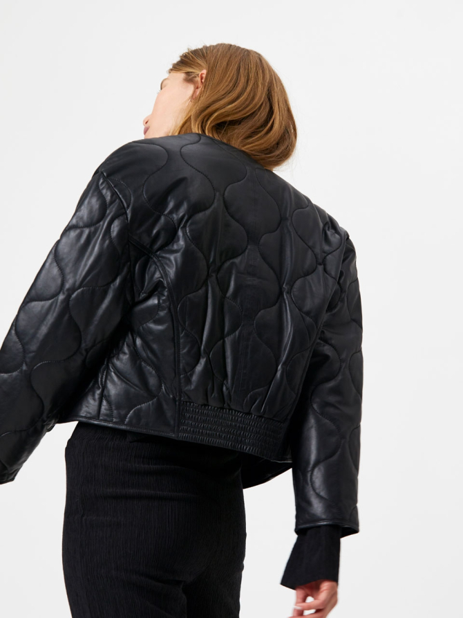 Short leather quilted bomber