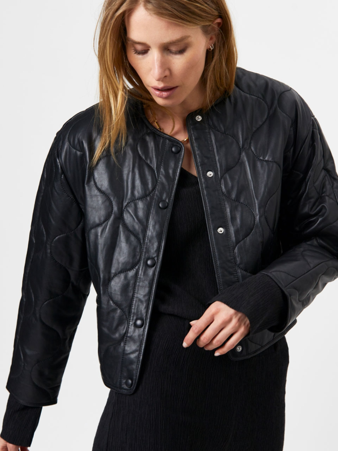 Short leather quilted bomber